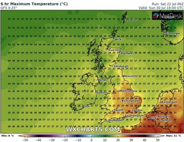 Sunday, July 30 is also set to be a scorcher, with temperatures reaching up to 25 hitting the UK