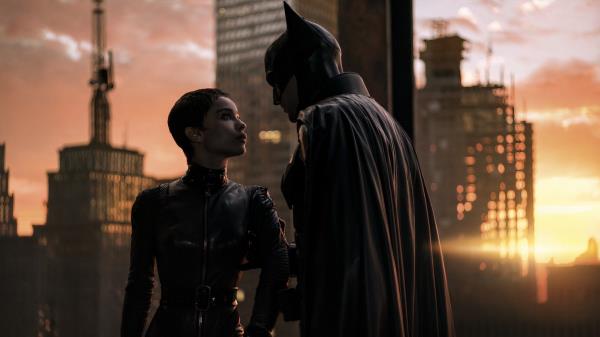 The Batman 2022 movie with Batman and Selena Kyle in front of Gotham City