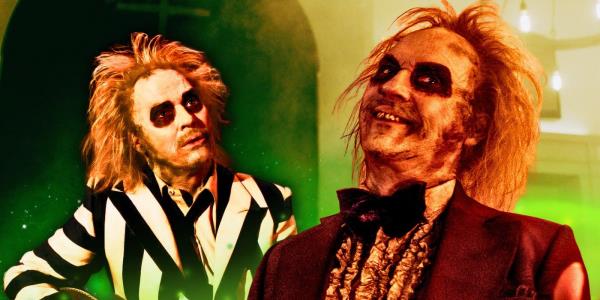 Beetlejuice in his striped suit is next to him in his red wedding suit in the movie Beetlejuice Beetlejuice.